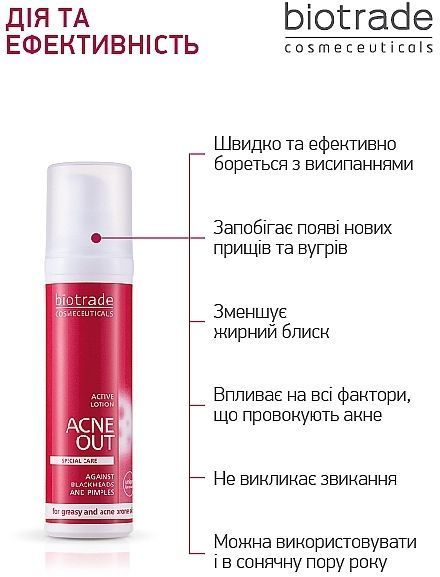 Активний антибактеріальний лосьйон для жирної та проблемної шкіри Biotrade Acne Out Active Lotion 4969 фото